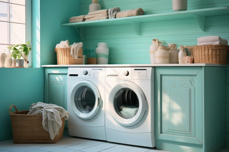 Laundry Room Berwarna Hijau Pastel dengan Kabinet Multifungsi